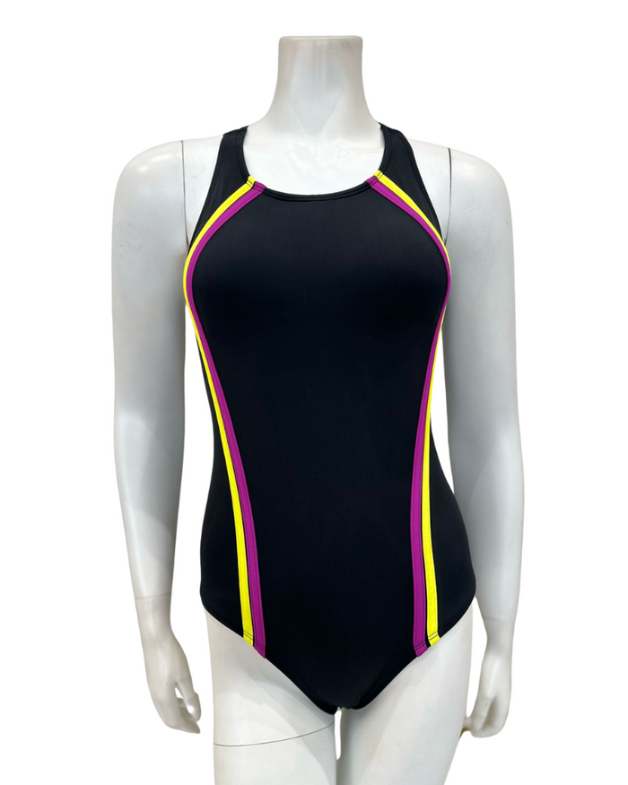 Flamingo 22FL031 Purple/Yellow Vertical Stripe Black Bathing Suit Myselflingerie.com