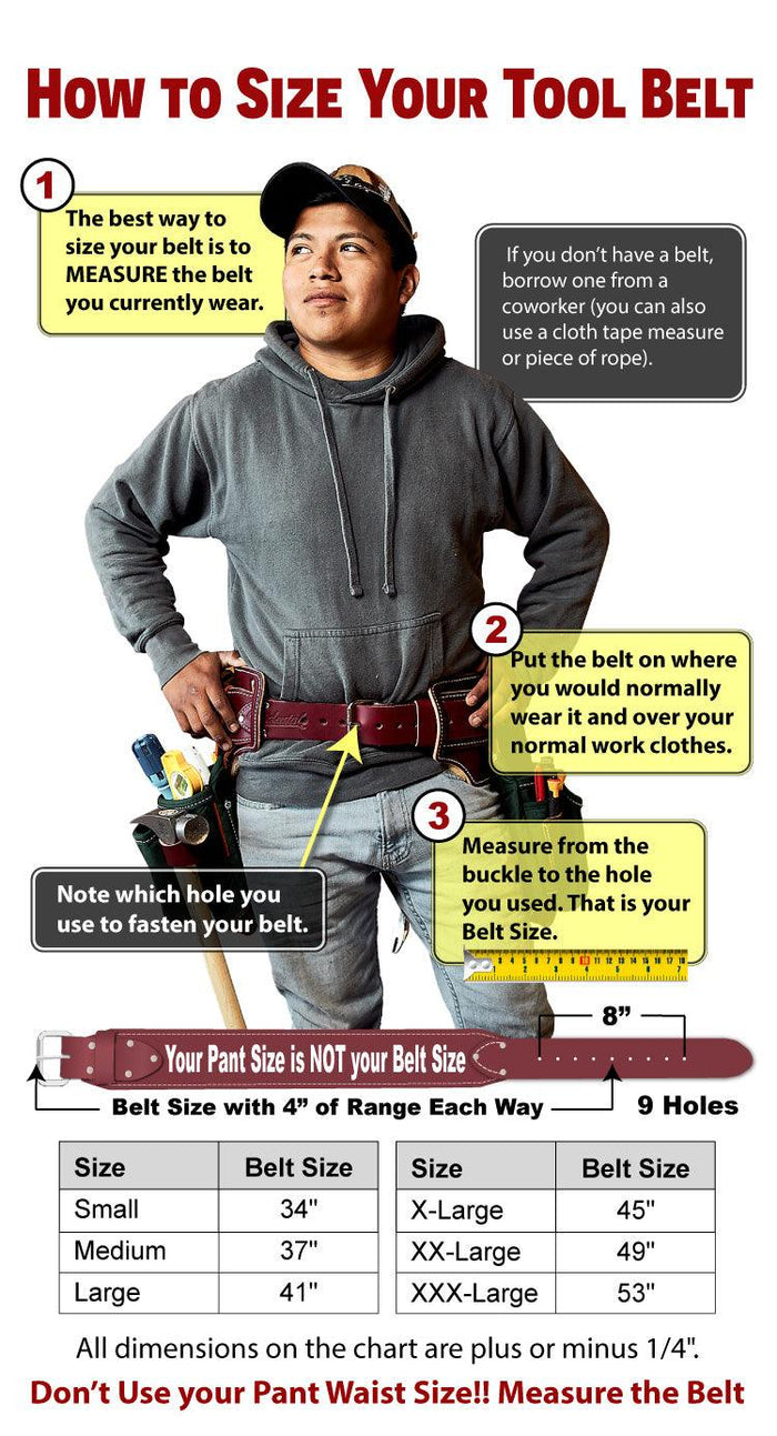 Occidental Leather belt sizing diagram showing how to measure for the correct work belt size
