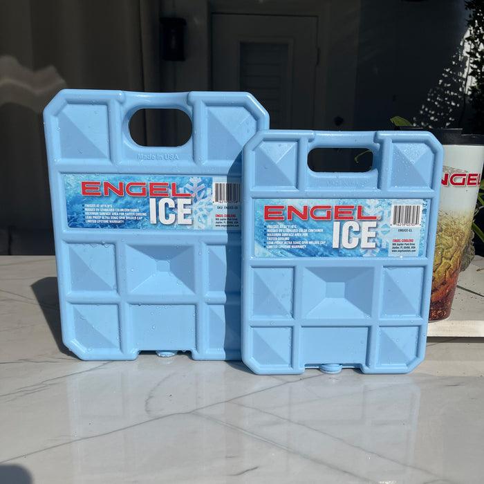 Engel 2.5 pound cooler ice pack, alternate view showing size against a cooler