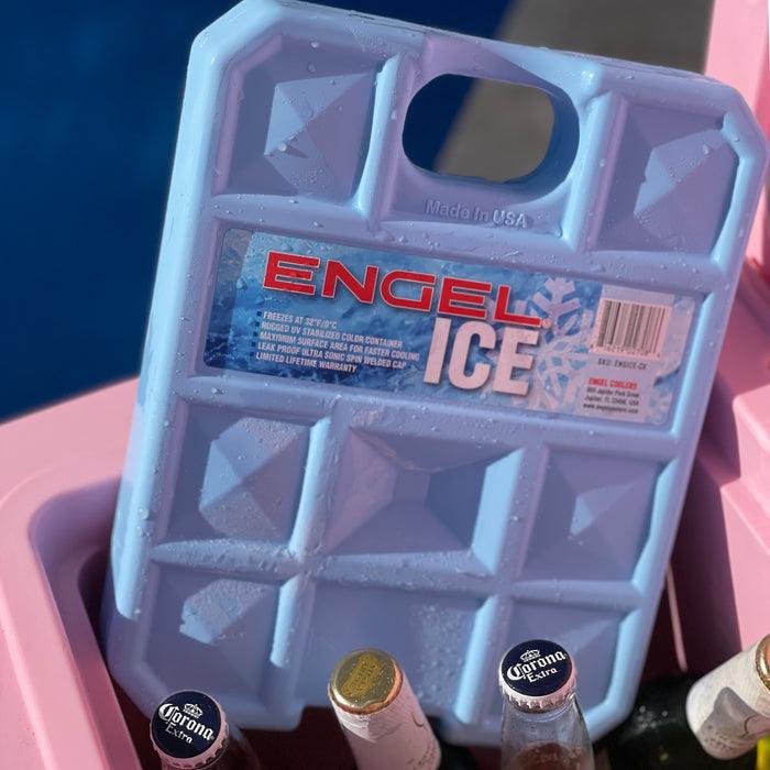 Engel 5 pound cooler ice pack, alternate view showing size against a cooler