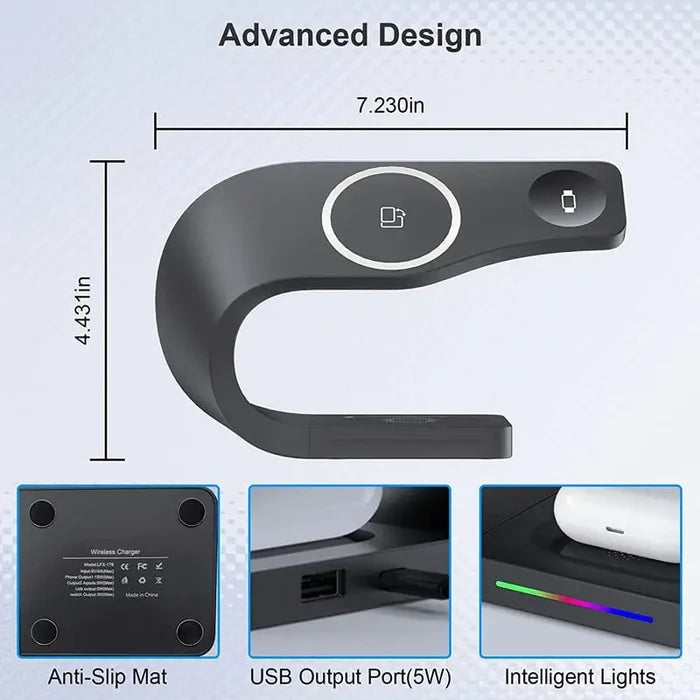 the back of a black and white device with a blue light