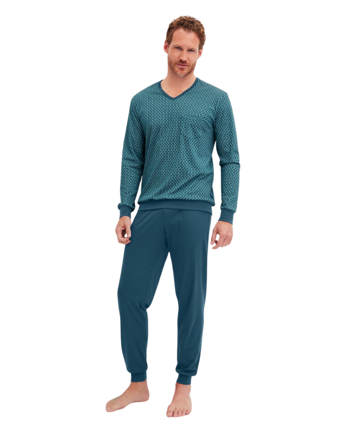Calida 46487 #559 Deep Petrol Relax Comfy Men's 100% Cotton Pajamas Set with Cuff Myselflingerie.com