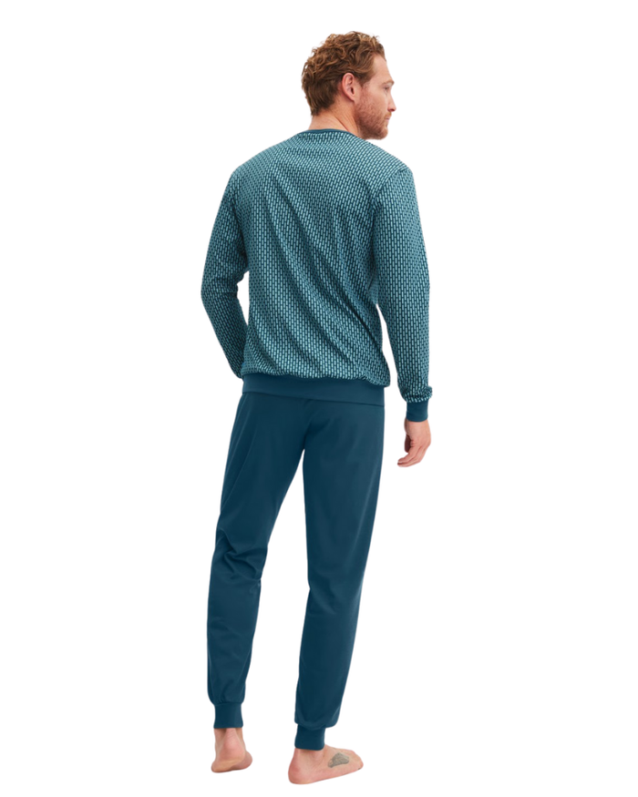 Calida 46487 #559 Deep Petrol Relax Comfy Men's 100% Cotton Pajamas Set with Cuff Myselflingerie.com