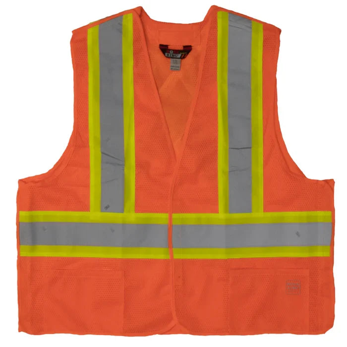 Tough Duck 5 point tearaway X back safety vest, ANSI Class 2, in high visibility orange, front view