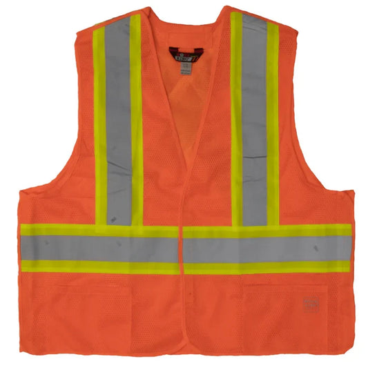 Tough Duck 5 point tearaway X back safety vest, ANSI Class 2, in high visibility orange, front view