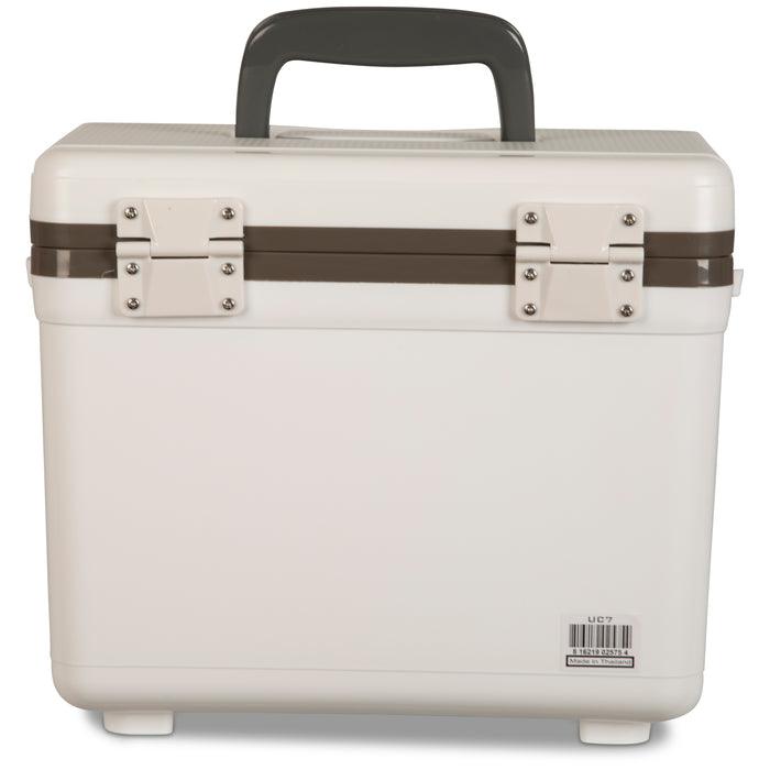 Engel 7.5 quart silver drybox cooler, back view of the latch and hinge