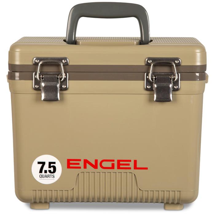 Engel 7.5 quart drybox cooler in tan, front view with the lid closed