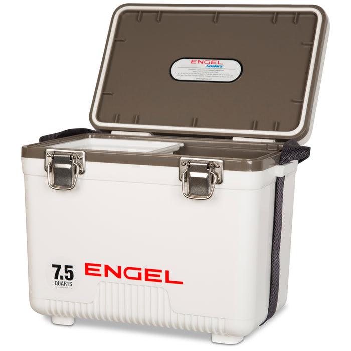 Engel 7.5 quart drybox cooler in tan shown open at an angle