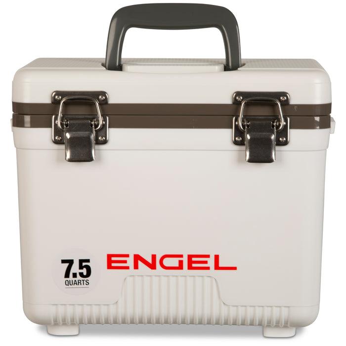 Engel 7.5 quart drybox cooler in white with the lid closed