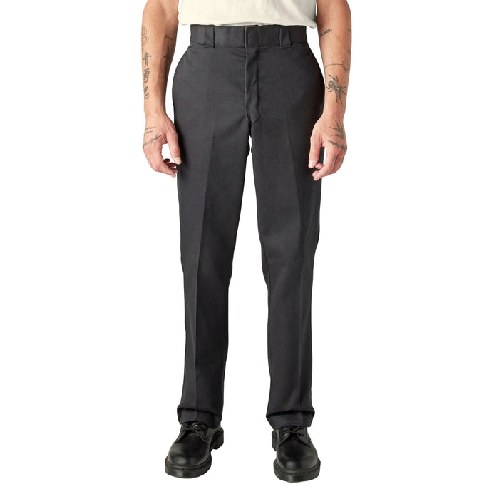 Dickies 874 FLEX work pant in black, front view with permanent crease and stretch twill