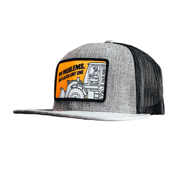 Trade Money 99 Problems meshback trucker hat in heather grey and black