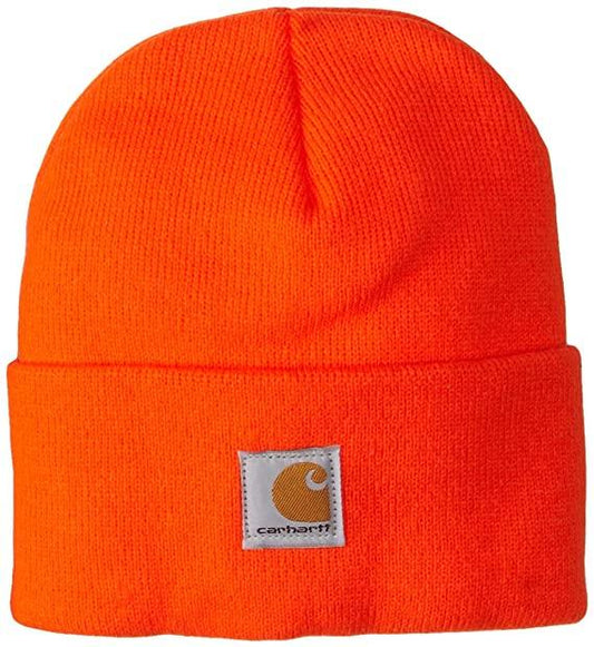 Carhartt A18 knit cuffed beanie in high visibility bright orange acrylic knit