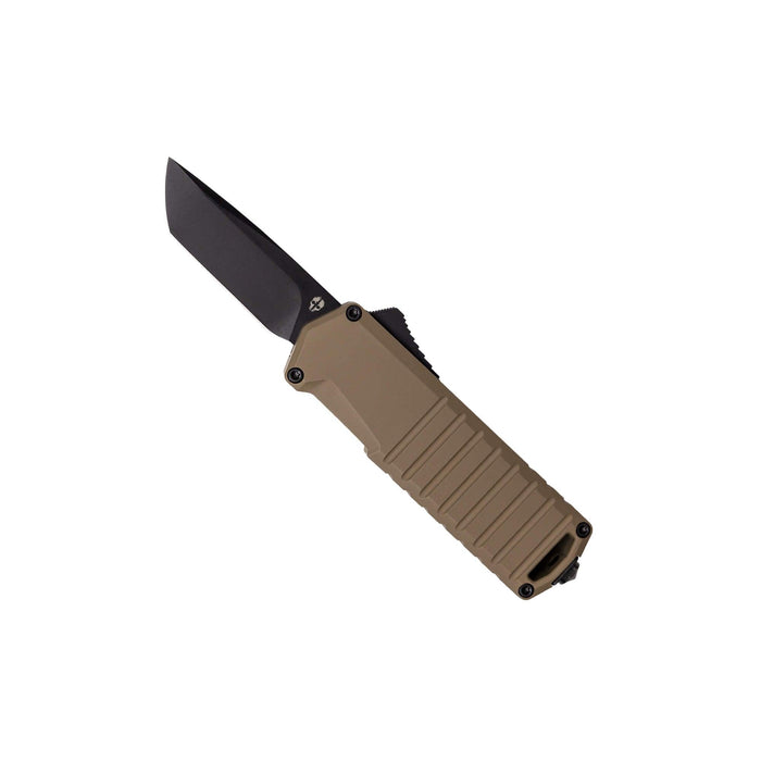 Tekto A2 Badger OTF automatic knife in desert tan with black accent hardware