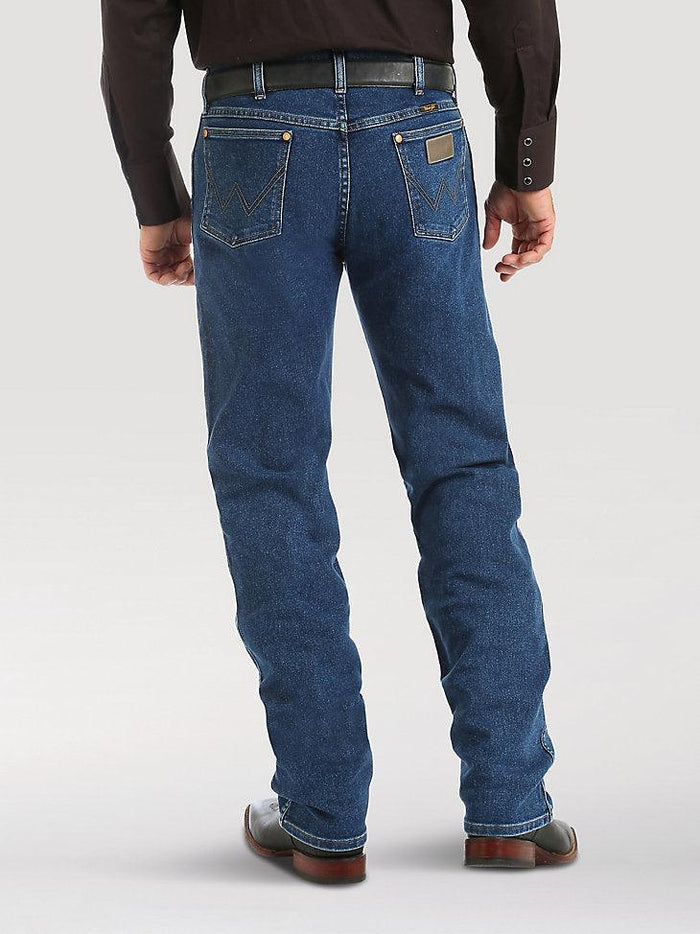 Stonewash Wrangler Active Flex cowboy jean, alternate view showing the back pocket stitching