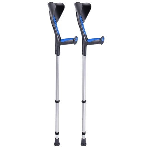 Advance Elbow Crutches: single elbow crutch on a plain background with an ergonomic handle, adjustable height and open cuff.