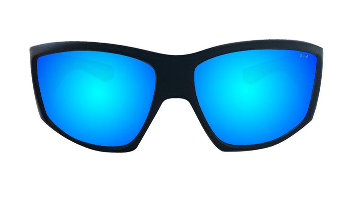 Front view of the Bomber Ahi Bomb Z87+ safety glasses with ice blue mirror lens