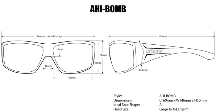 Dimensions diagram for the Bomber Ahi Bomb safety sunglasses frame and lens sizing