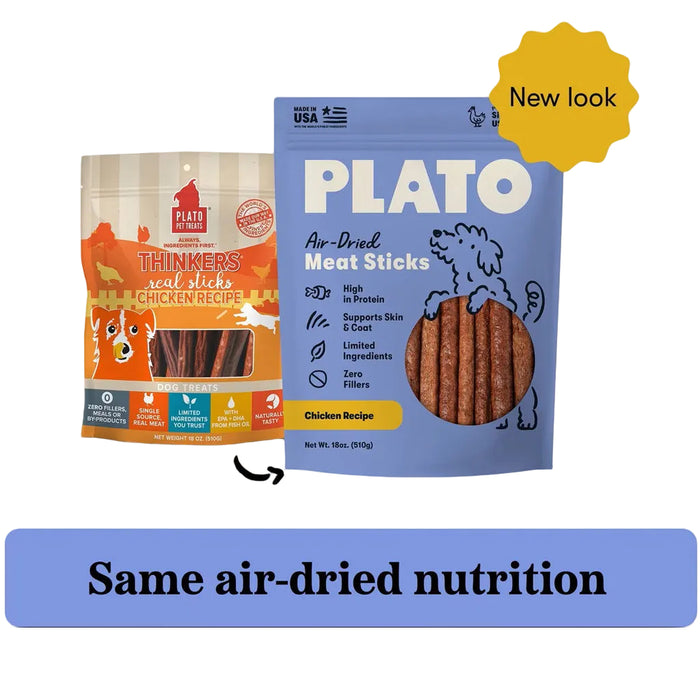 Plato thinkers seal sticks chicken recipe old packaging next to new plato air-dried meat sticks chicken recipe 10oz packaging. New look, same air-dried nutrition