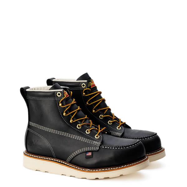 USA made Thorogood American Heritage 6-inch black moc toe wedge boot, wide widths available