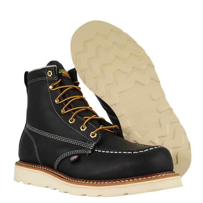 Detail view of the Thorogood American Heritage 6-inch black moc toe wedge work boot