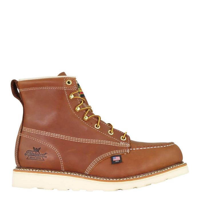 Side view of the Thorogood American Heritage 6-inch tobacco moc toe boot with wedge outsole