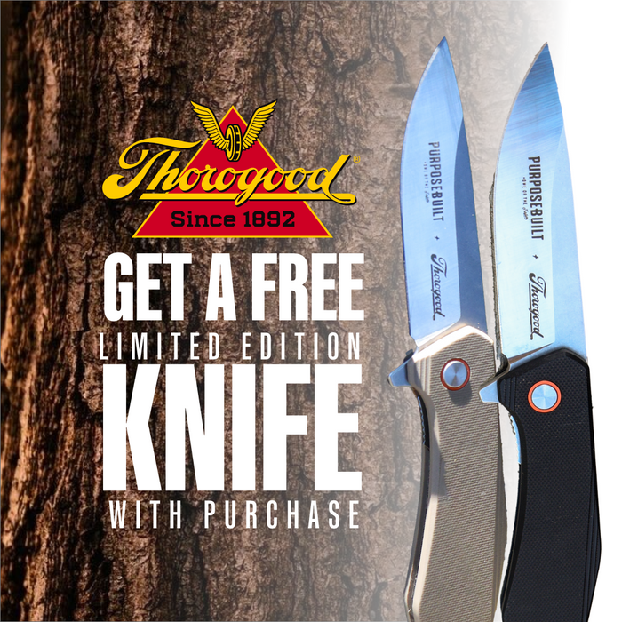 Promotional banner offering a free limited edition Thorogood knife with a boot purchase