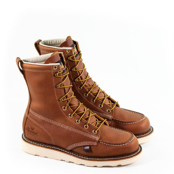 USA made Thorogood American Heritage 8-inch tobacco moc toe wedge boot, available in wide widths