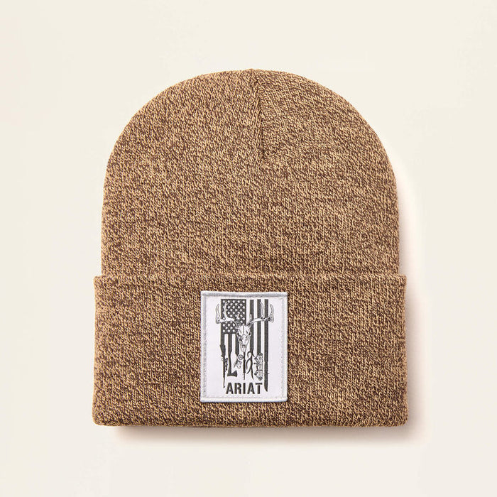 Ariat American Outdoors patch beanie in dark brown and sandstone, front view