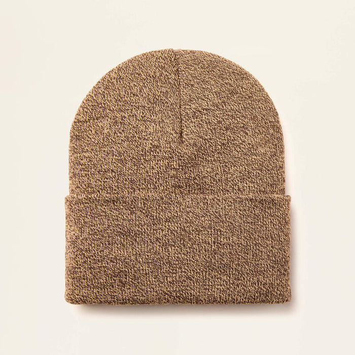 Ariat American Outdoors patch beanie in dark brown and sandstone, back view