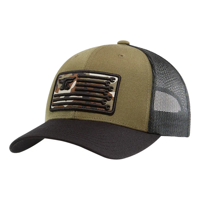 Troll Co. Anvil Flagship curved bill snapback hat in military green and black