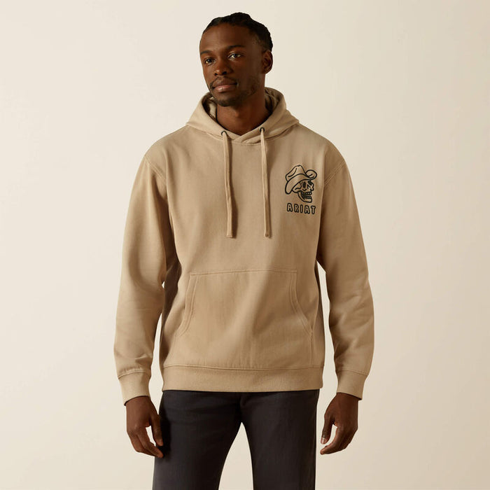 Back view of the Ariat Drinking Buddies hooded sweatshirt in beige, showing the graphic print