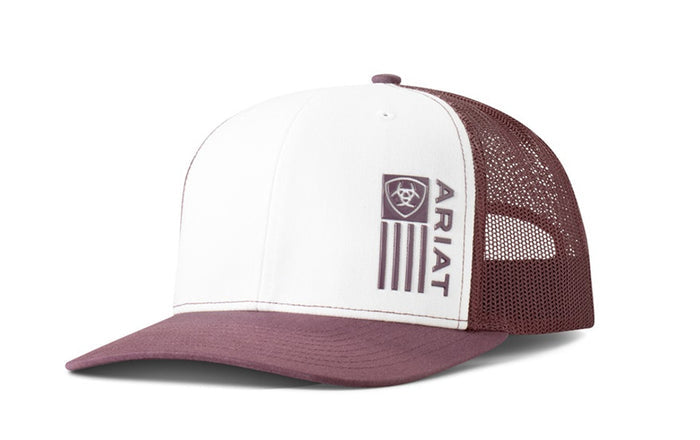 Ariat men's flag logo hat in burgundy and white