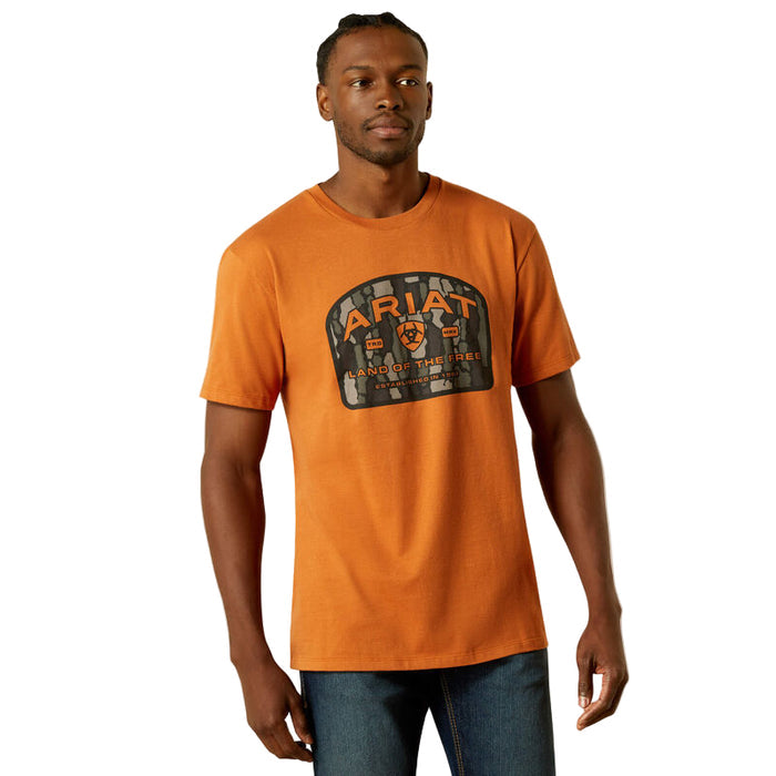 Ariat Underlands Camo Badge short-sleeve t-shirt in adobe, front view, available in big and tall sizes