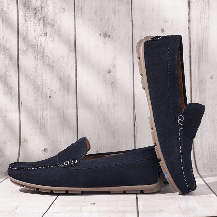 Bari Suede Leather Driving Loafers - Navy