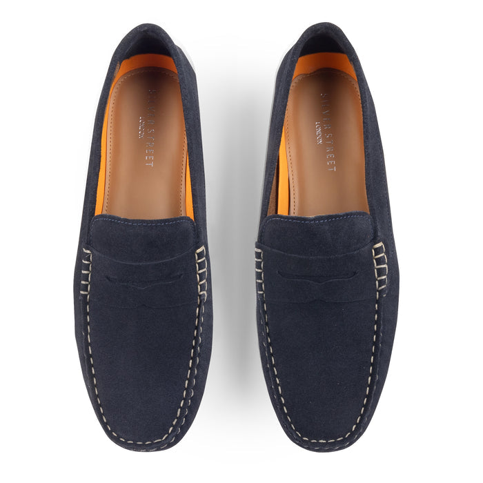 Bari Suede Leather Driving Loafers - Navy