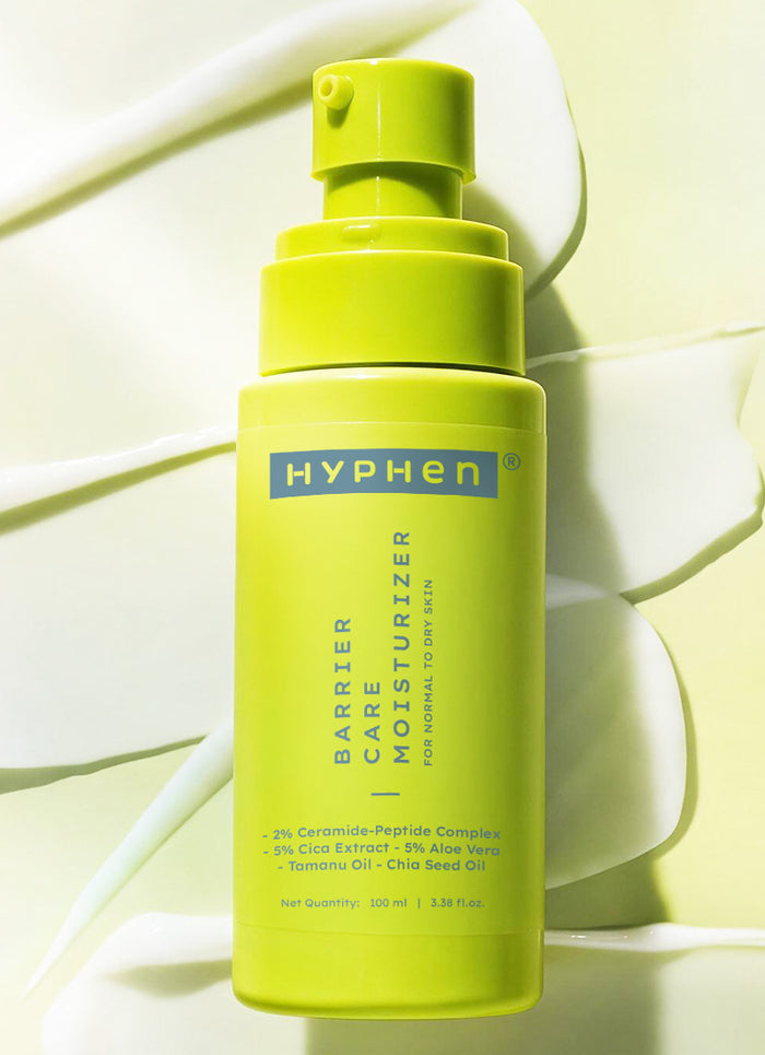Hyphen Barrier Repair Moisturizer 100ml - 2% ceramide peptide complex - front pack shot on cream swatch