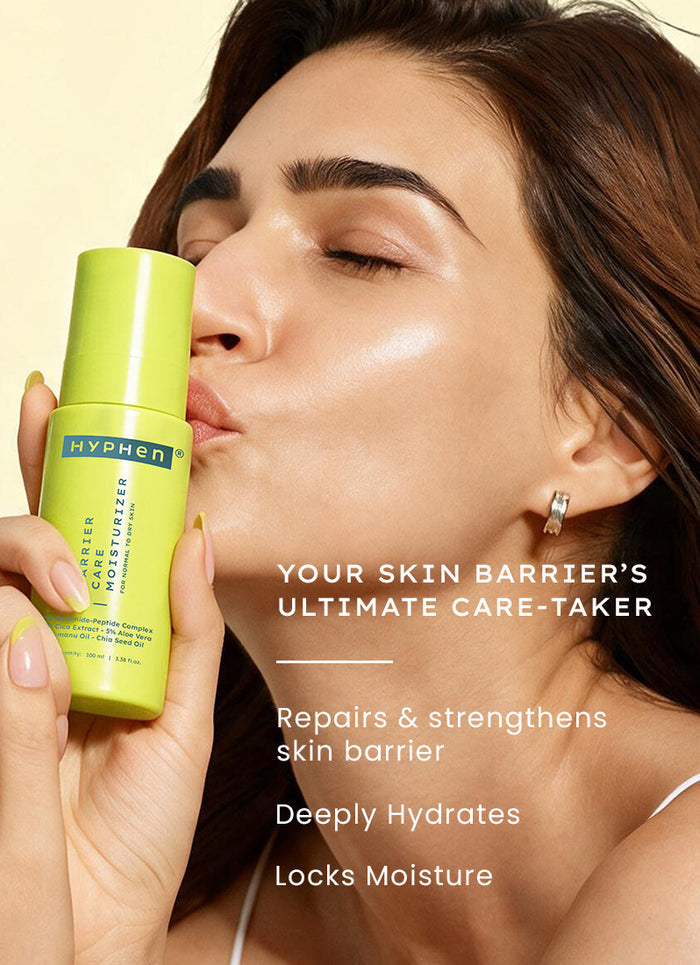 Hyphen Barrier Repair Moisturizer 100ml - model holding pump bottle, repairs and strengthens skin barrier