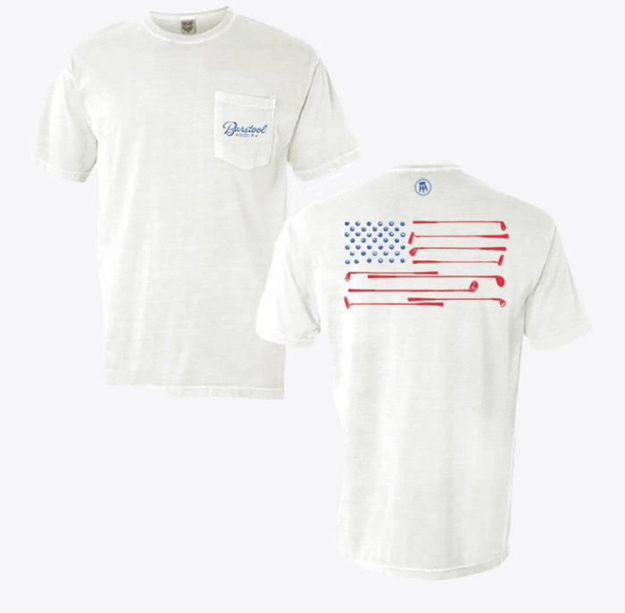 Barstool Sports Golf flag pocket t-shirt in white, available in big and tall sizes