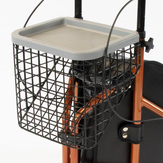 Angled view of Basket and Tray Set for NRS 3 Wheel Rollator three-wheel rollator with basket or bag on a plain background.