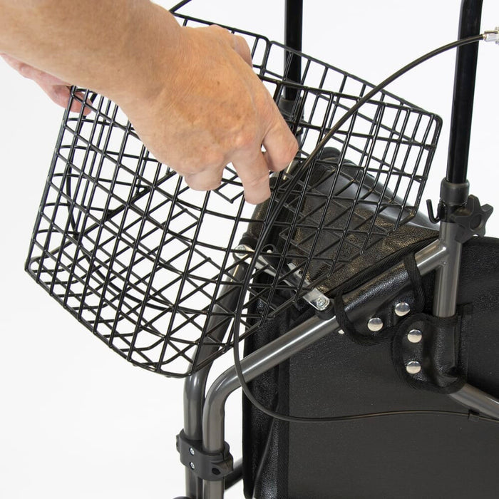 Side view of Basket and Tray Set for NRS 3 Wheel Rollator three-wheel rollator, highlighting the triangular frame and rear wheels.