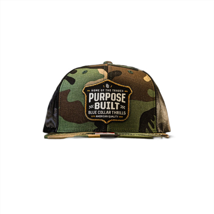 Purpose-Built Blue Collar Thrills snapback hat in camo and black