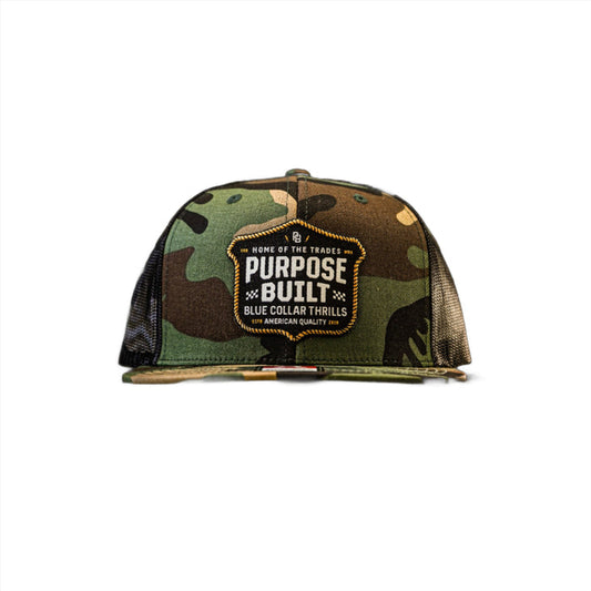 Purpose-Built Blue Collar Thrills snapback hat in camo and black