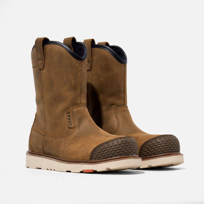 Pair of BRUNT Bolduc waterproof pull-on wellington composite toe work boots in brown