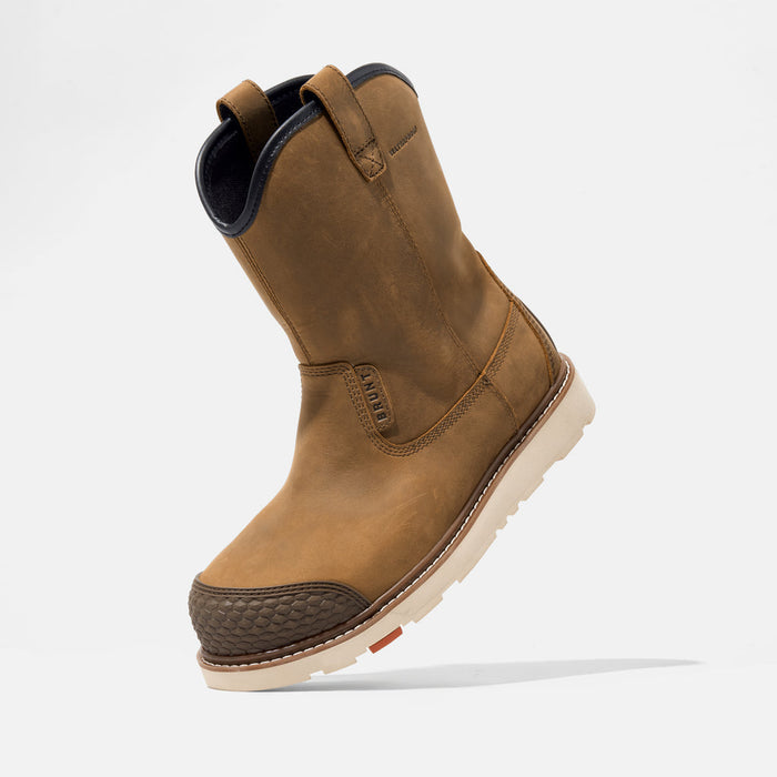 BRUNT Bolduc waterproof wellington work boot shown mid-step in a job site setting