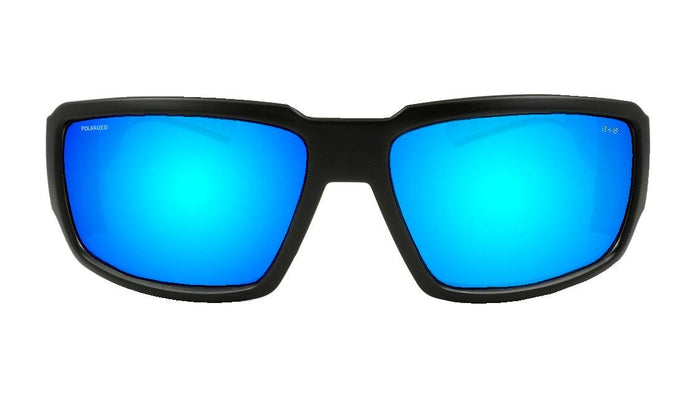 Front view of the Bomber Boogie Bomb polarized safety sunglasses in ice blue mirror