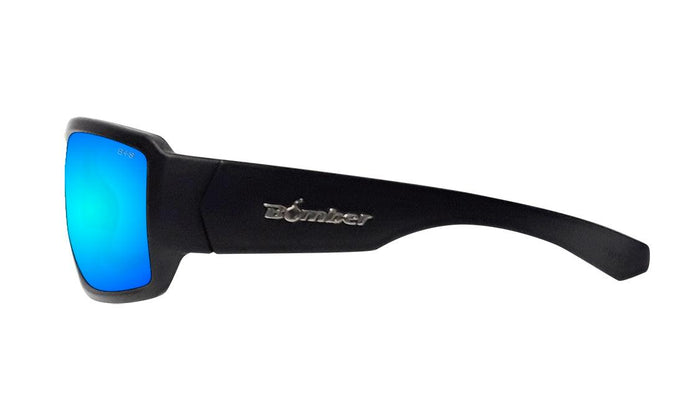 Bomber Boogie Bomb ice blue polarized safety sunglasses with the included head strap