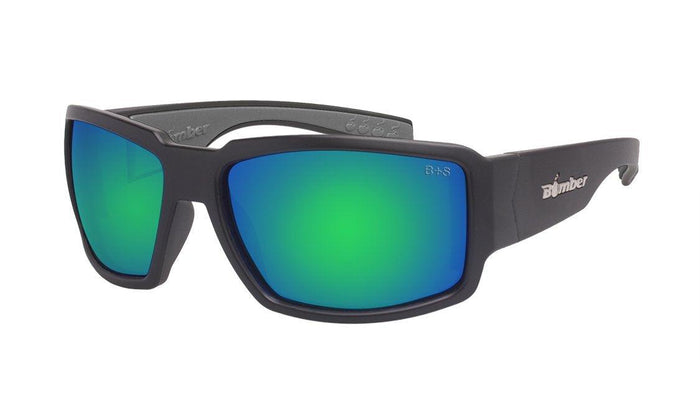 Bomber Boogie Bomb ANSI Z87+ safety sunglasses with green mirror lens