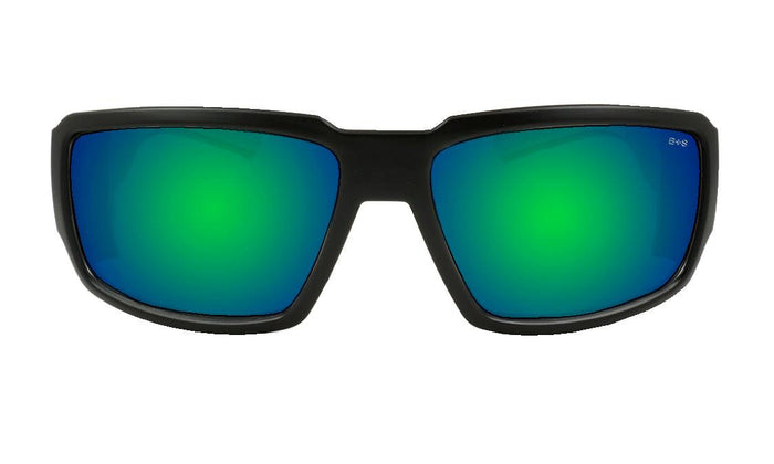 Front view of the Bomber Boogie Bomb Z87+ safety sunglasses with green mirror lens