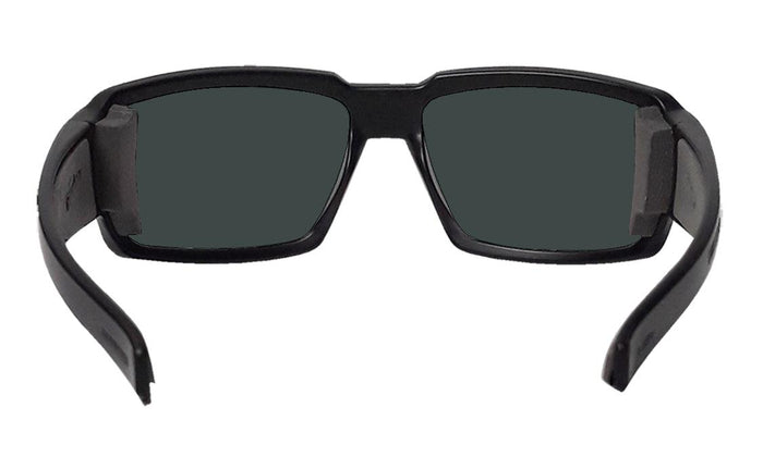 Back view of the green mirror Bomber Boogie Bomb safety sunglasses and temples