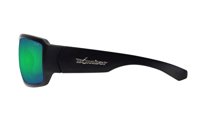 Bomber Boogie Bomb green mirror safety sunglasses with the included head strap